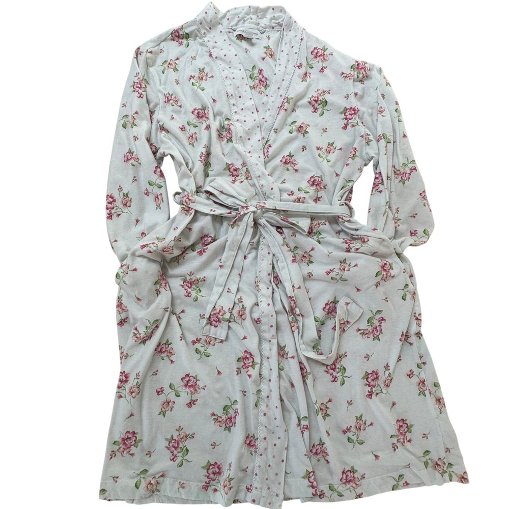 Carole Hochman Cotton Blend Robe Large White Floral Polka Dot Wrap Tie Feminine